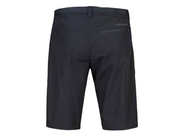 HANNAH Doug miesten mustat shortsit, kuvattu takaa, sopii aktiiviseen ulkoiluun, yksinkertainen design ja mukavuus.