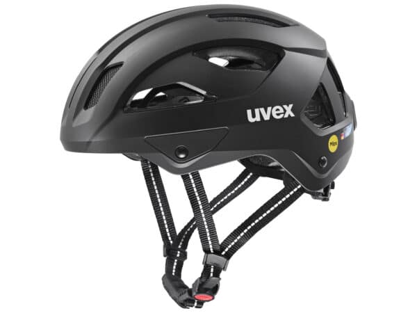 UVEX City Stride MIPS pyöräilykypärä, kuvattu sivusta, musta, integroitu MIPS aivojen suojajärjestelmä, säädettävä hihna.
