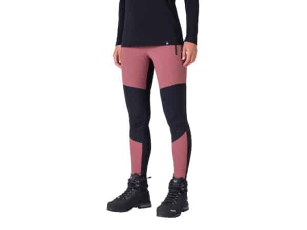 HANNAH Elisa Pro leggingsit värissä marjapuuronpunainen, kuvattuna sivulta. Leggingsit on suunniteltu eri sävyisistä punaisista ja tummansinisistä paneeliosioista.